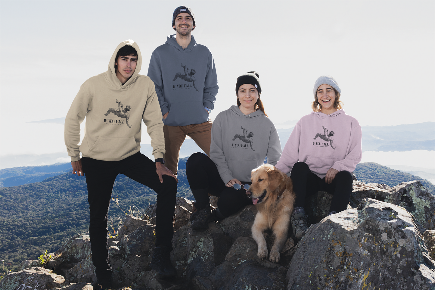 Group of 4 people wearing unisex hoodies in Sand, Pink, Grey, and Navy – If You Fall I Will Carry You print – Streetwear – Efisio Cross