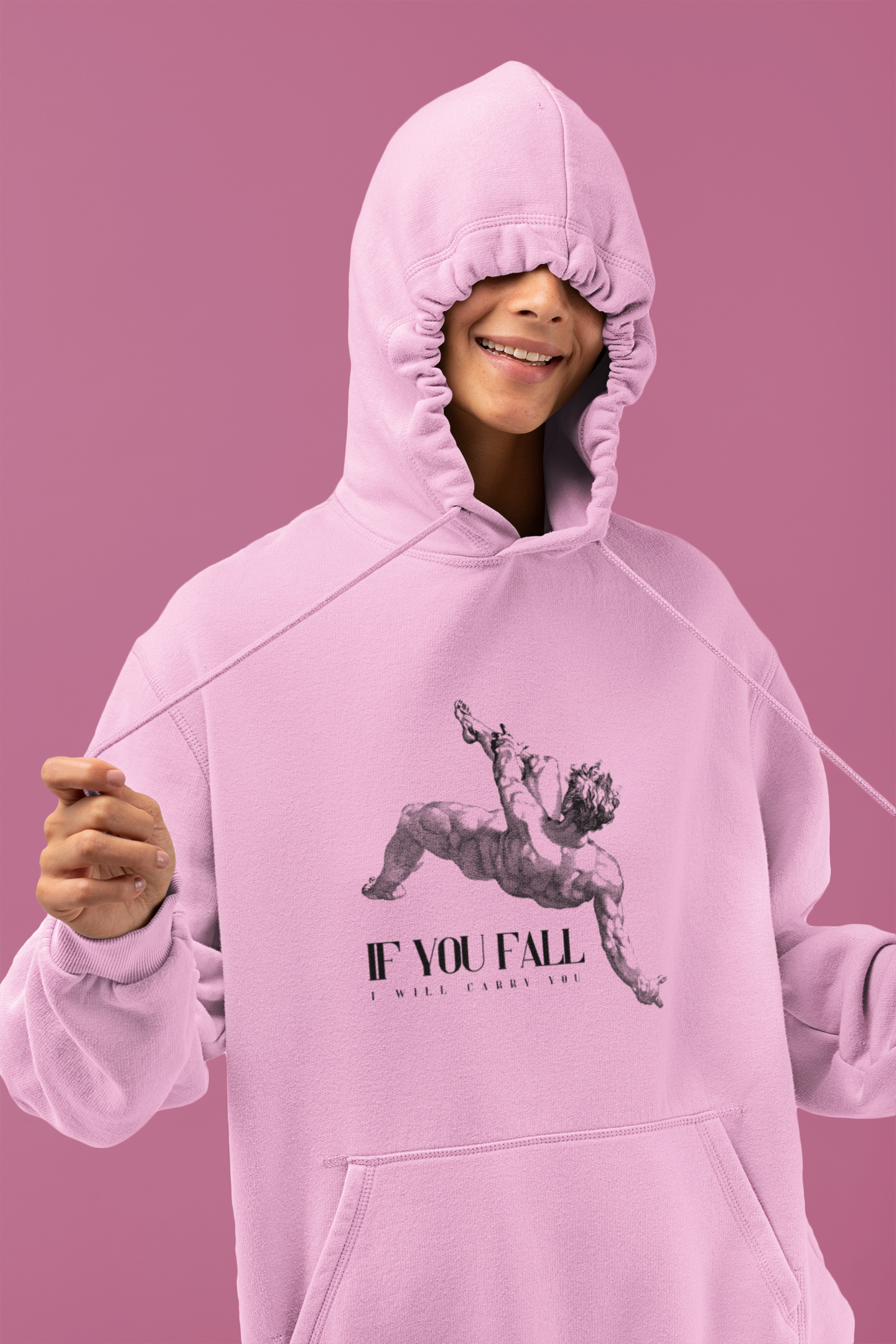 Streetwear Minimalist Hoodie Unisex – Pink (Light Pink) – “If You Fall I Will Carry You” – Efisio Cross